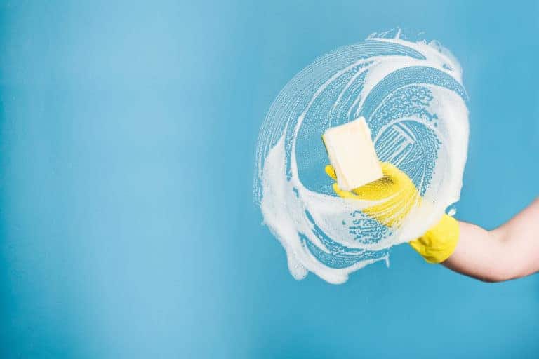 A woman holding a yellow sponge while cleaning a glass with a blue background.