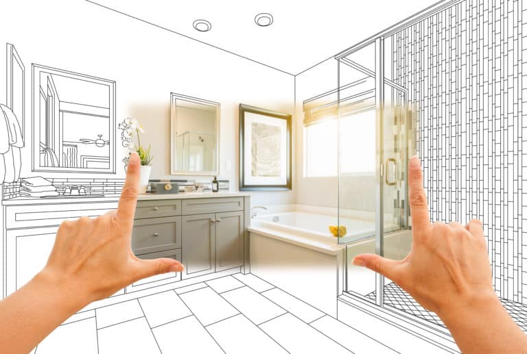 A drawing showcasing a bathroom remodel with two hands pointing at it.