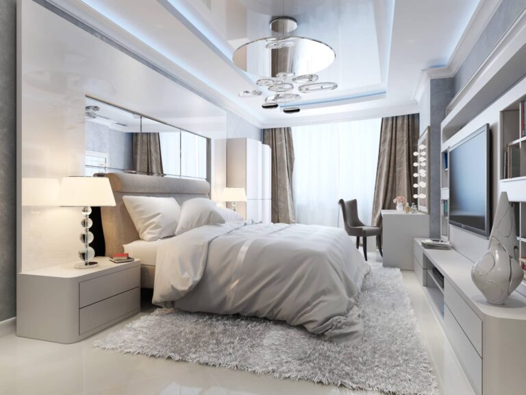 3d rendering of a modern bedroom with a bed, TV, and mirrors.